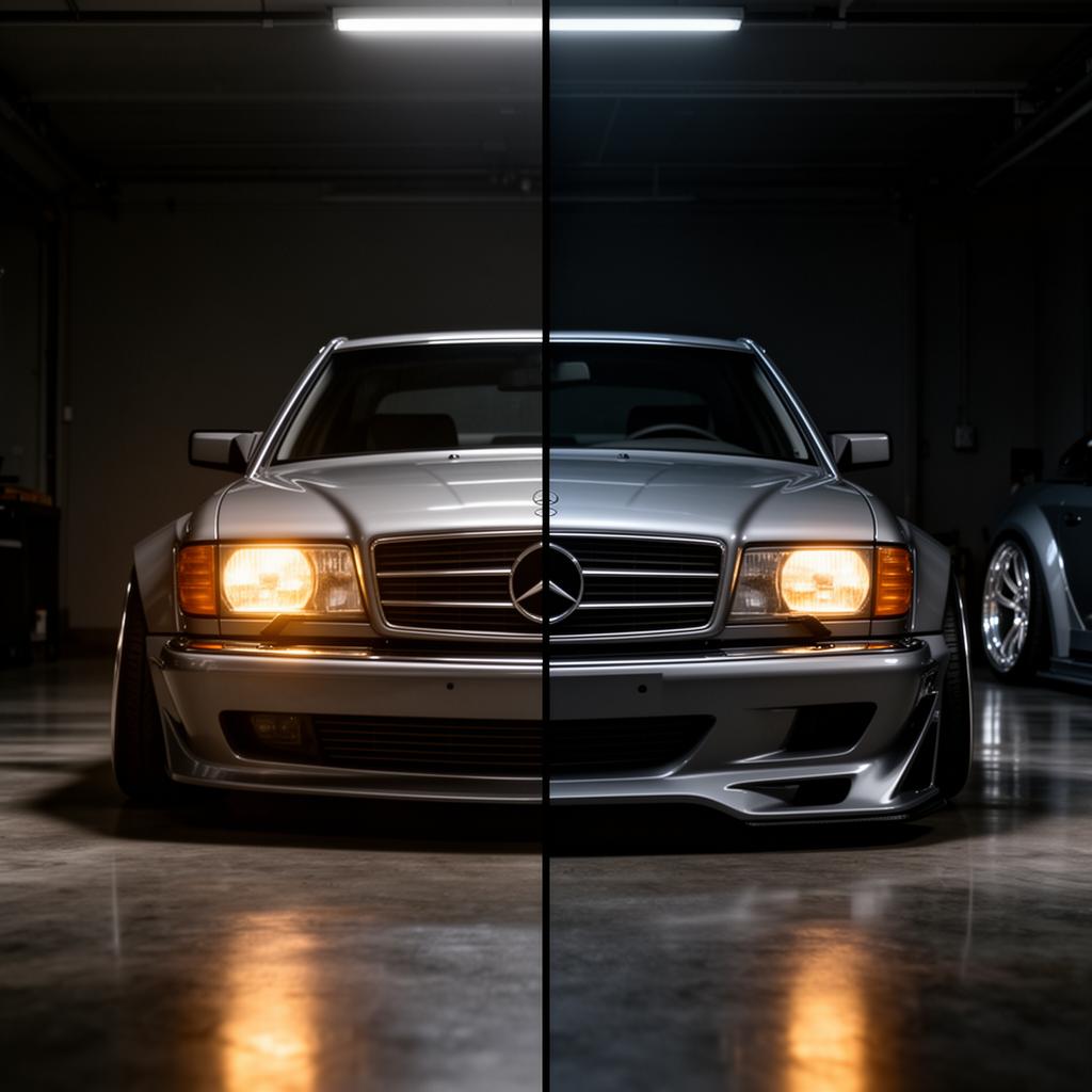 Mercedes-Benz 560 SEC — z lewej fabryczny stock, z prawej widebody custom build