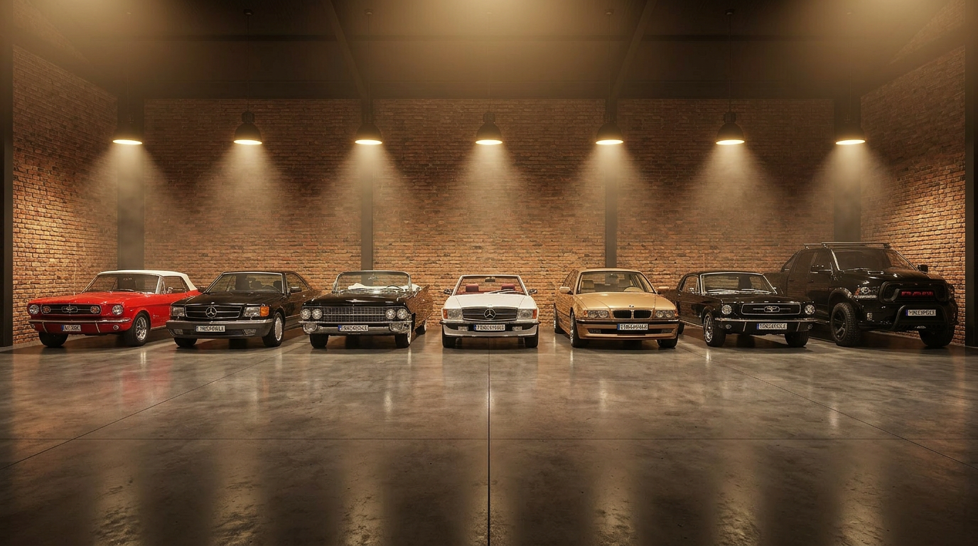 Klasyczny Ford Mustang i Mercedes 560 SEC o świcie