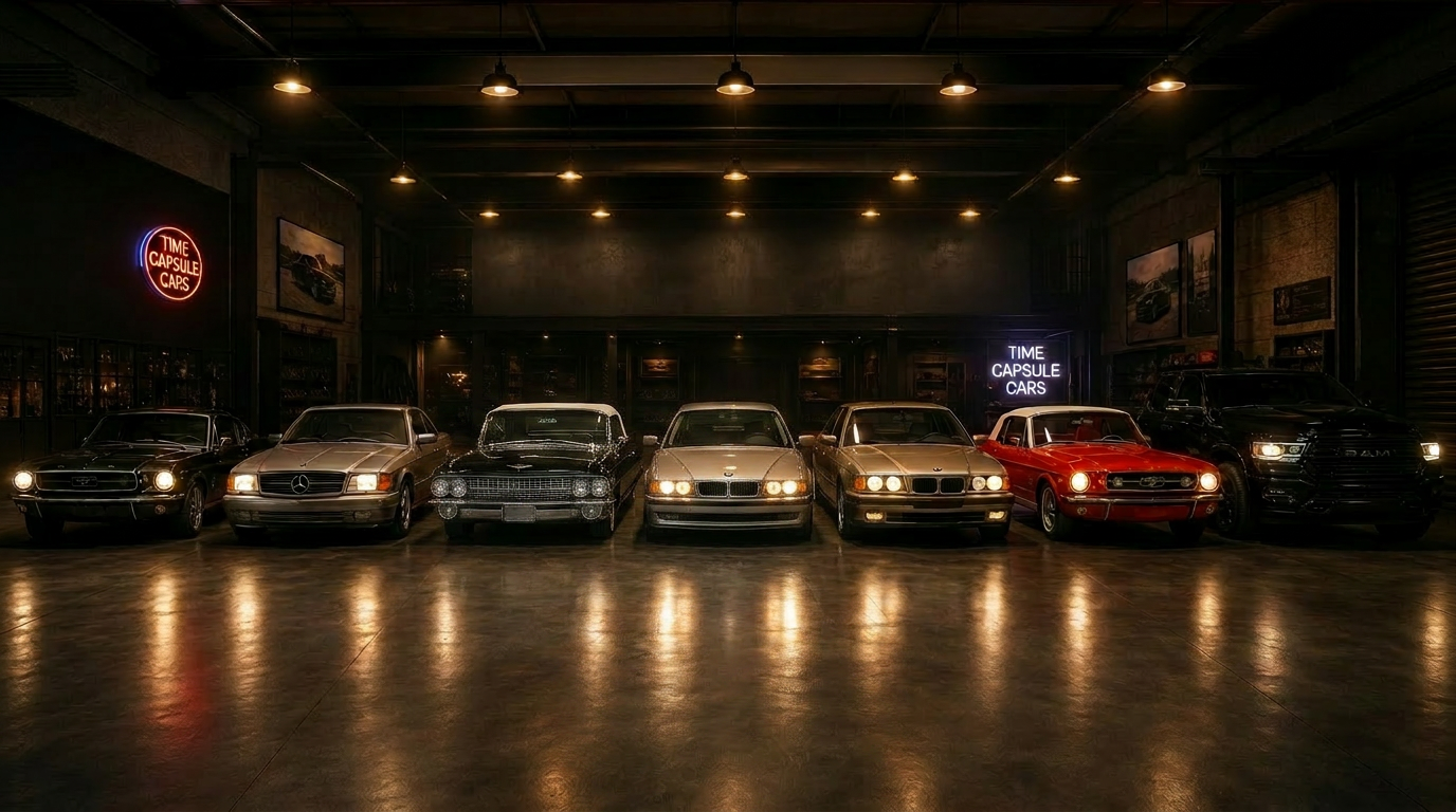 Klasyczny Ford Mustang i Mercedes 560 SEC o świcie